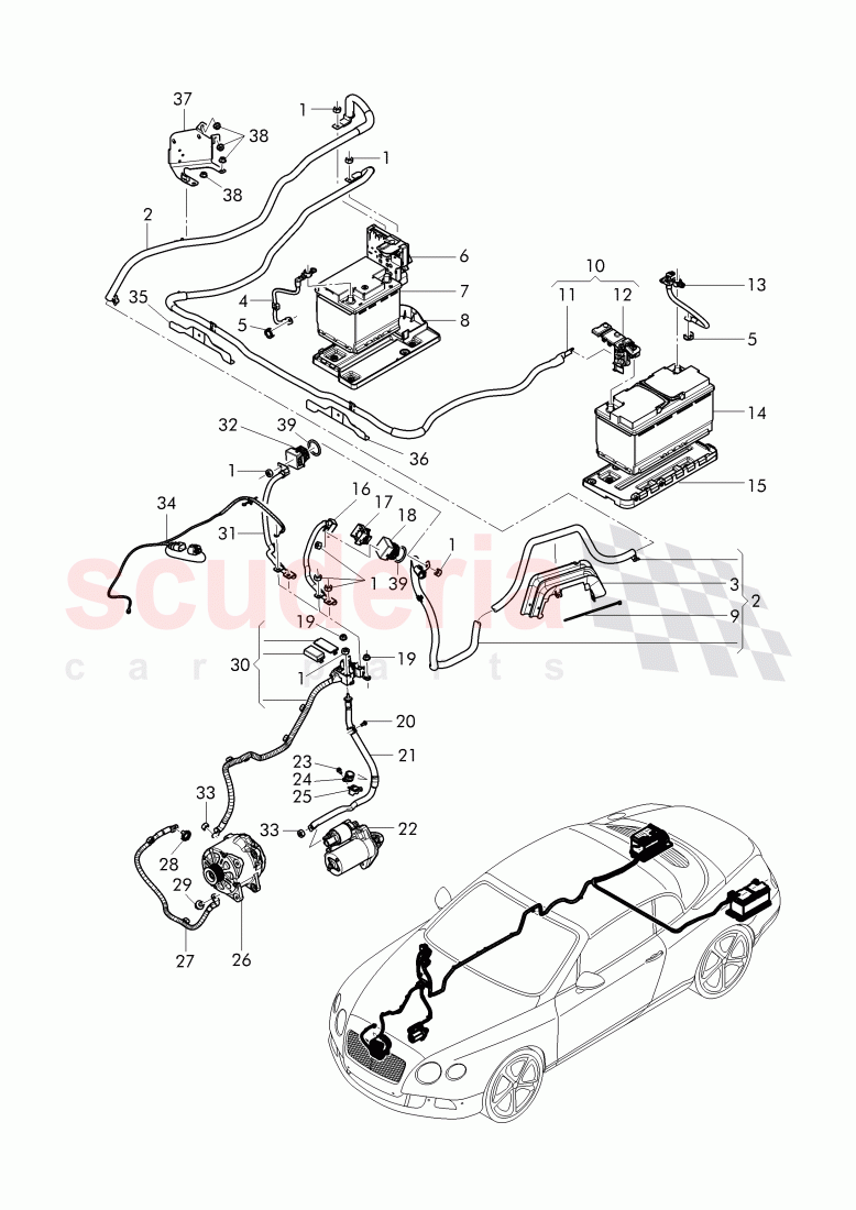 harness for battery +/-, Wire harness for starter and alternator with ground, wire, F >> 3W-E-099 999, F >> ZA-E-099 999, F >> 3W-F-041 767, F >> ZA-F-041 767 of Bentley Bentley Continental GTC (2011+)