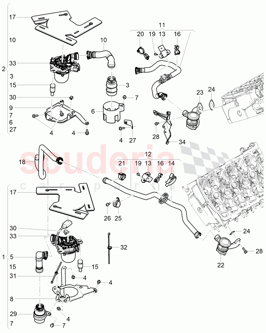 secondary air pump, secondary air control valve, pipes and hoses for purge system, F 3W-9-062 075>>, F ZA-A-062 464>> of Bentley Bentley Continental Flying Spur (2006-2012)