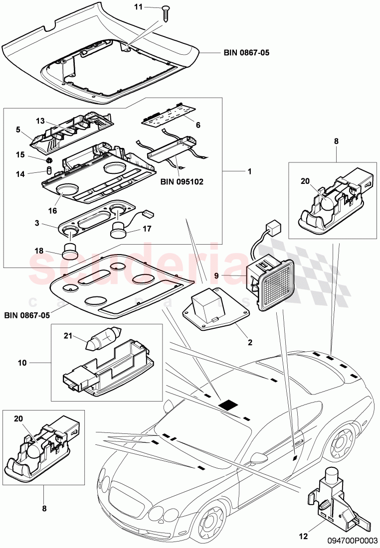 interior light, F 3W-6-030 421>>, F ZA-A-062 566>> of Bentley Bentley Continental GT (2003-2010)