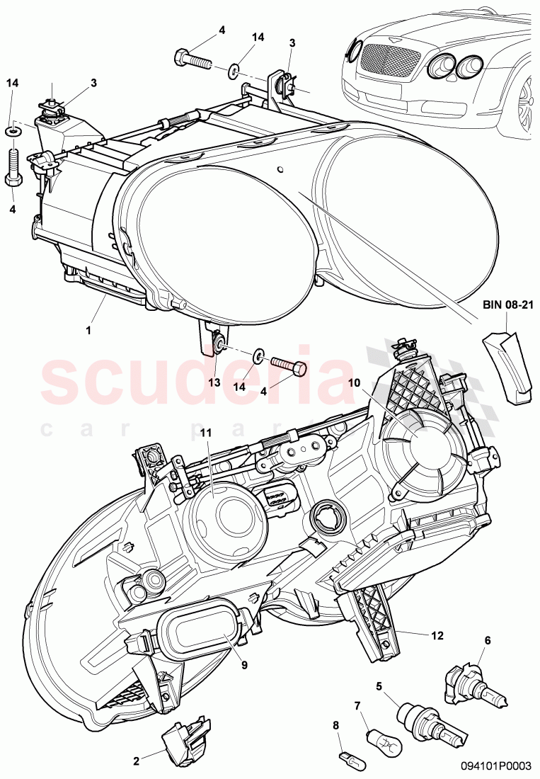 headlamp with gas discharge, bulb, D - MJ 2008>> of Bentley Bentley Continental GT (2003-2010)