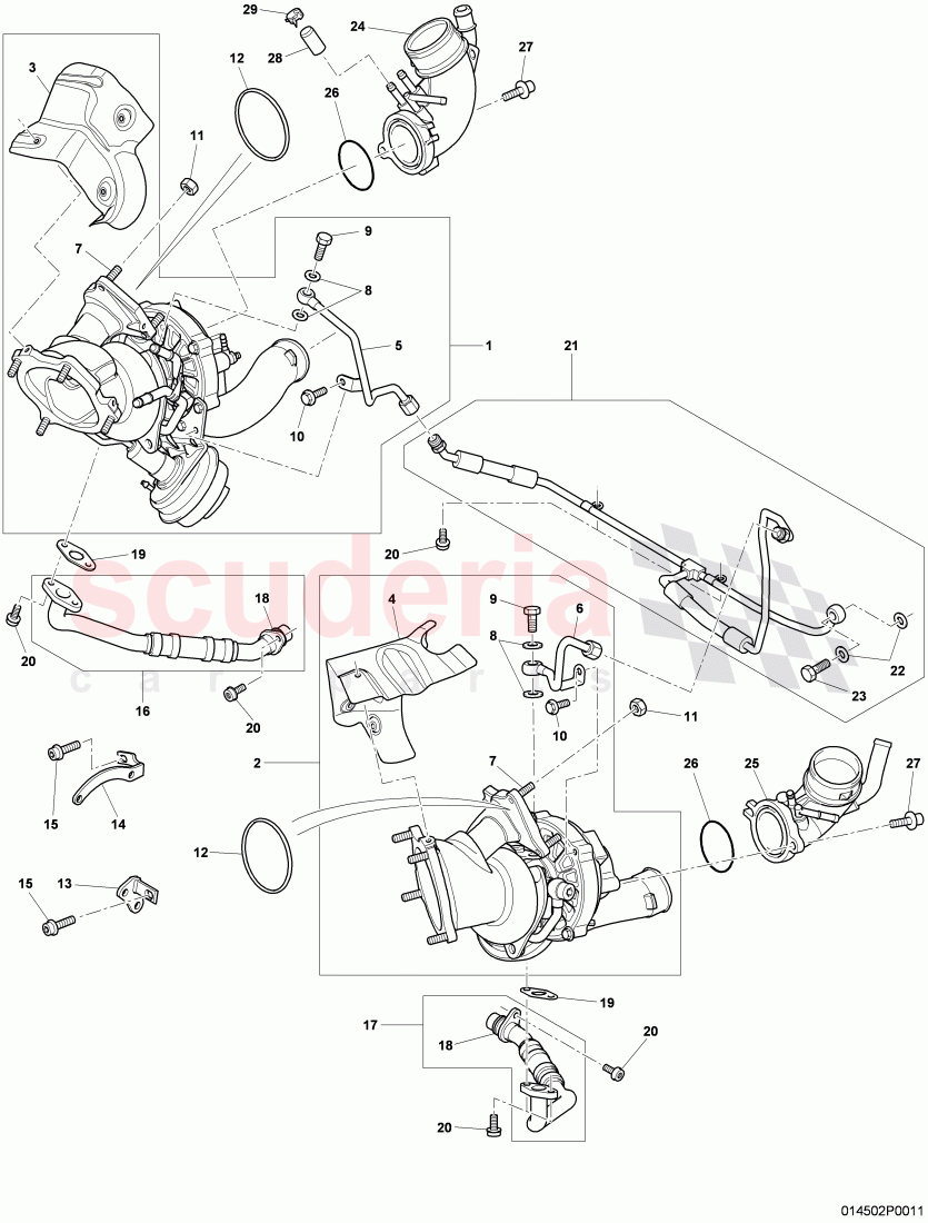 Exhaust gas turbocharger, oil return line, oil pressure line, D - MJ 2008>>, F >> 3W-8-051 805 of Bentley Bentley Continental GT (2003-2010)