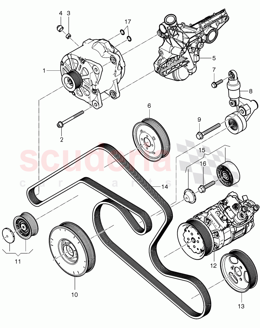 Alternator, connecting and mounting parts, for alternator, v-ribbed belt, tensioning lever with relay, roller, F 3W-D-086 018>>, F ZA-D-086 018>> of Bentley Bentley Continental GT (2011-2018)