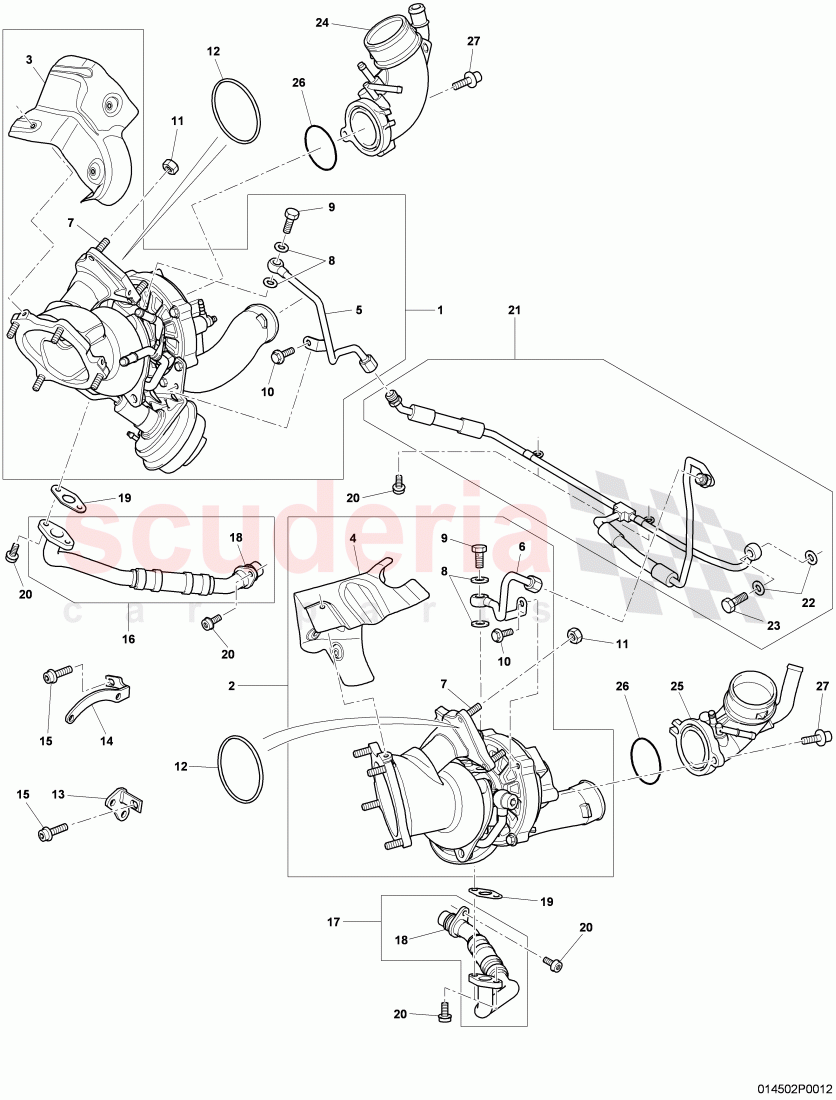 Exhaust gas turbocharger, oil return line, oil pressure line, F 3W-8-051 806>>, F ZA-A-062 464>>, D >> - MJ 2010 of Bentley Bentley Continental Flying Spur (2006-2012)