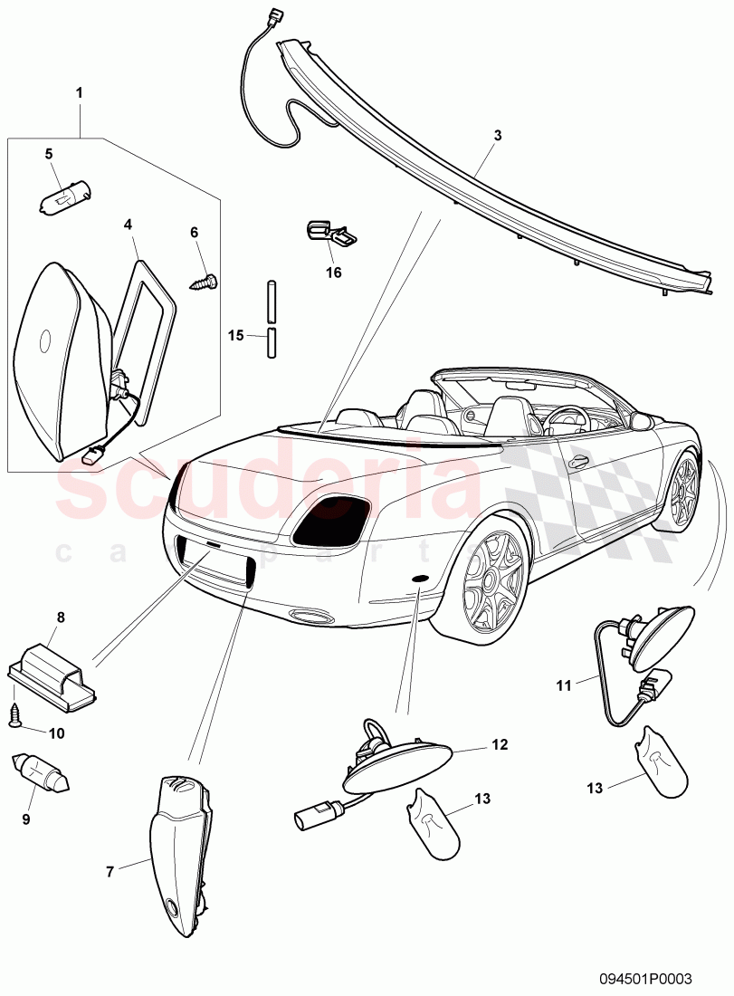 taillight, High-mounted brake light, back-up light, license plate light, side marker light, F 3W-7-039 828>> 3W-7-050 884 of Bentley Bentley Continental GTC (2006-2010)