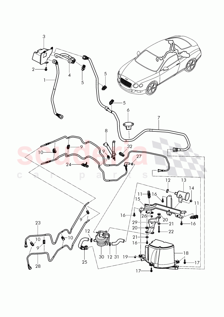 Active charcoal filter with diagnosis pump for fuel delivery system, ventilation for fuel tank of Bentley Bentley Continental GT (2011-2018)