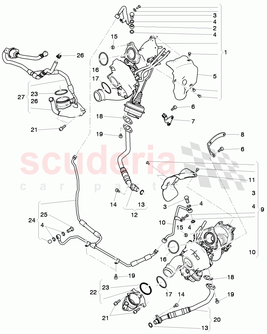 Exhaust gas turbocharger, oil return line, oil pressure line, D - MJ 2011>> of Bentley Bentley Continental Flying Spur (2006-2012)