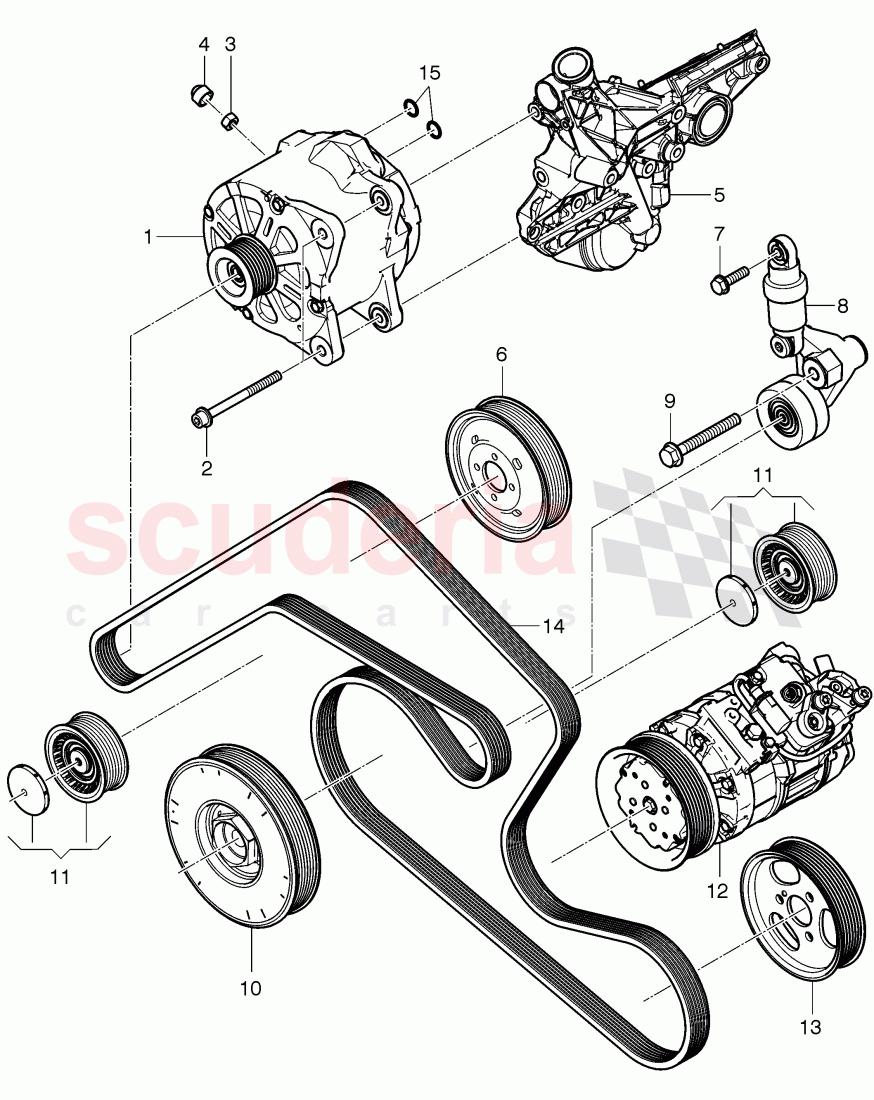 Alternator, connecting and mounting parts, for alternator, v-ribbed belt, tensioning lever with relay, roller, F >> 3W-D-086 017, F >> ZA-D-086 017 of Bentley Bentley Continental GT (2011-2018)