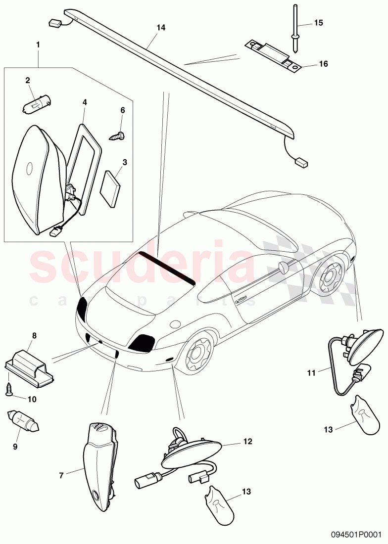 taillight, back-up light, license plate light, side marker light, High-mounted brake light, F >> 3W-7-050 981 of Bentley Bentley Continental GT (2003-2010)