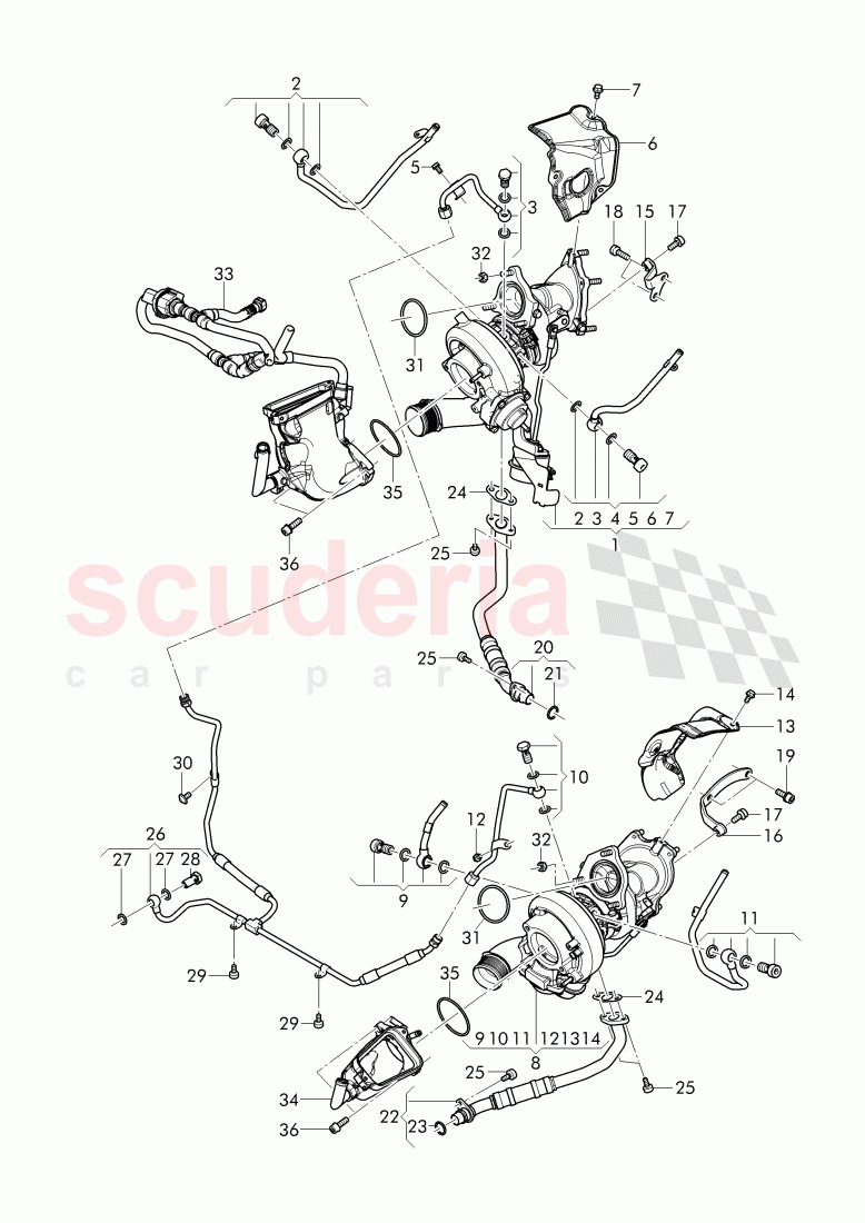 Exhaust gas turbocharger, oil return line, oil pressure line, water tube of Bentley Bentley Continental Supersports Convertible (2017+)