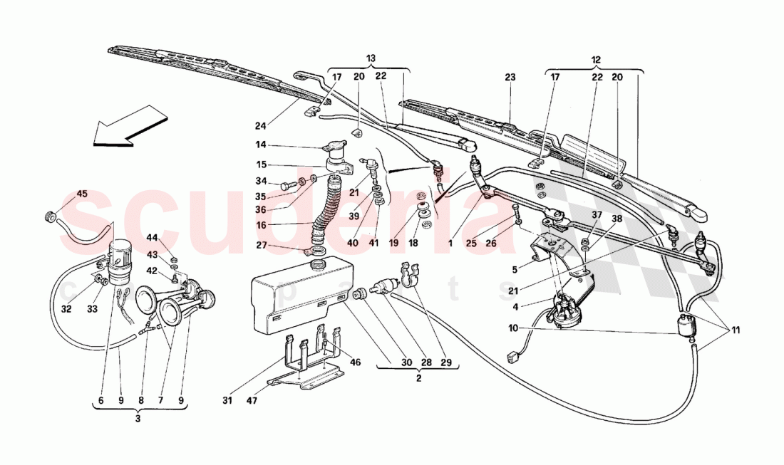 Windshield wiper, washer and horns of Ferrari Ferrari 512 M