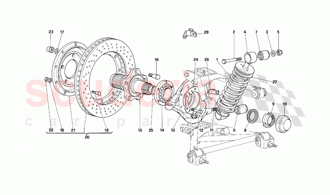 Front suspension - Shock absorber and brake disc of Ferrari Ferrari F40