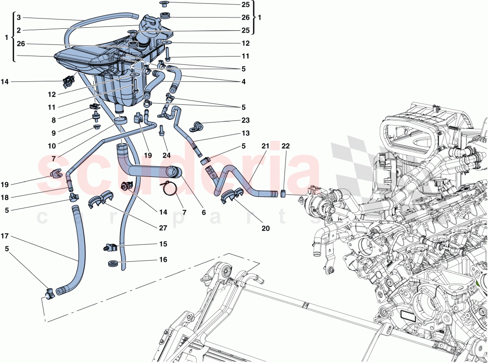 COOLING: HEADER TANK AND PIPES of Ferrari Ferrari California T