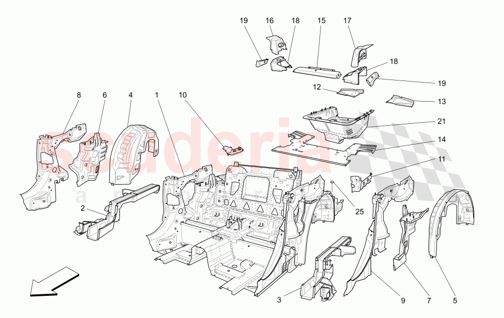 REAR STRUCTURAL FRAMES AND SHEET PANELS of Maserati Maserati GranCabrio (2013+)