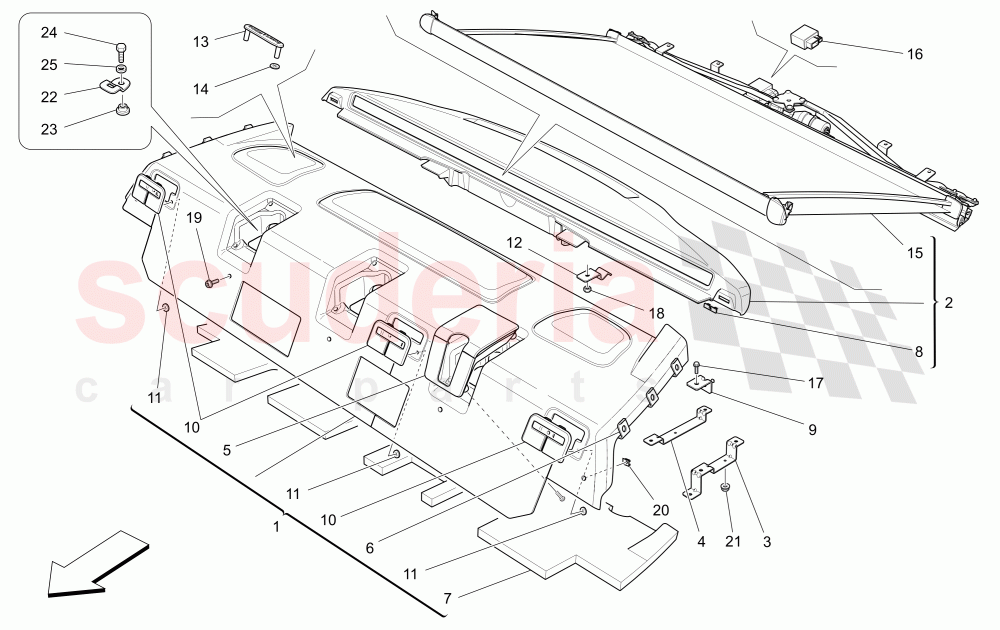 REAR PARCEL SHELF (Available with: REAR SEAT BENCH THREE PLACES HEATEDNot available with: COMFORT-LUXURY REAR SEATS WITH CENTRAL CONSOLE, REAR SEAT BENCH, THREE PLACES) of Maserati Maserati Quattroporte (2017+) S Q4