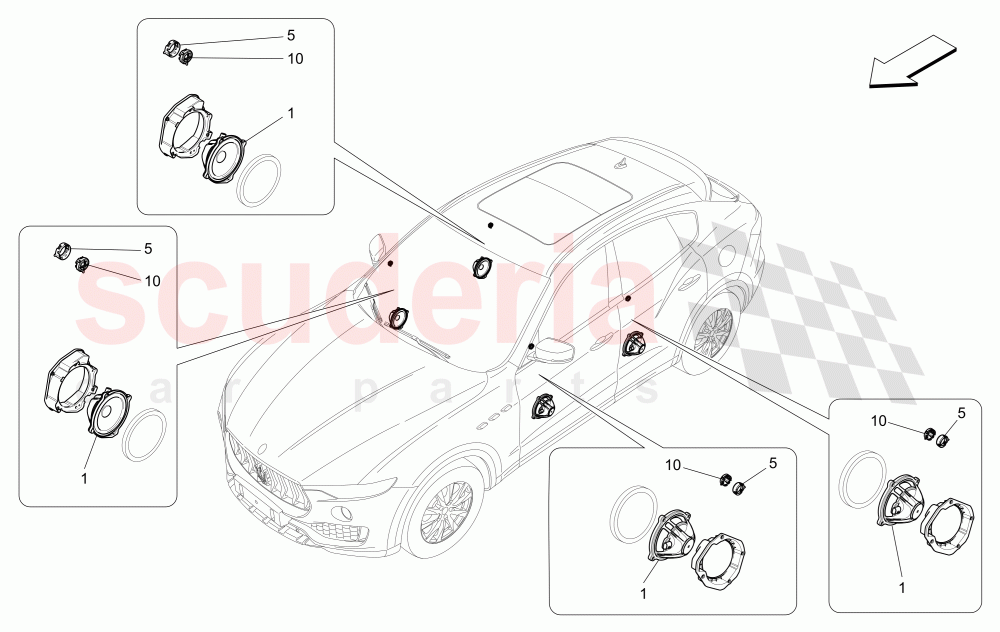 SOUND DIFFUSION SYSTEM (Available with: BASIC SOUND SYSTEM (8 SPEAKERS)Not available with: HIGH PREMIUM SOUND SYSTEM, PREMIUM SOUND SYSTEM) of Maserati Maserati Levante (2017+) S