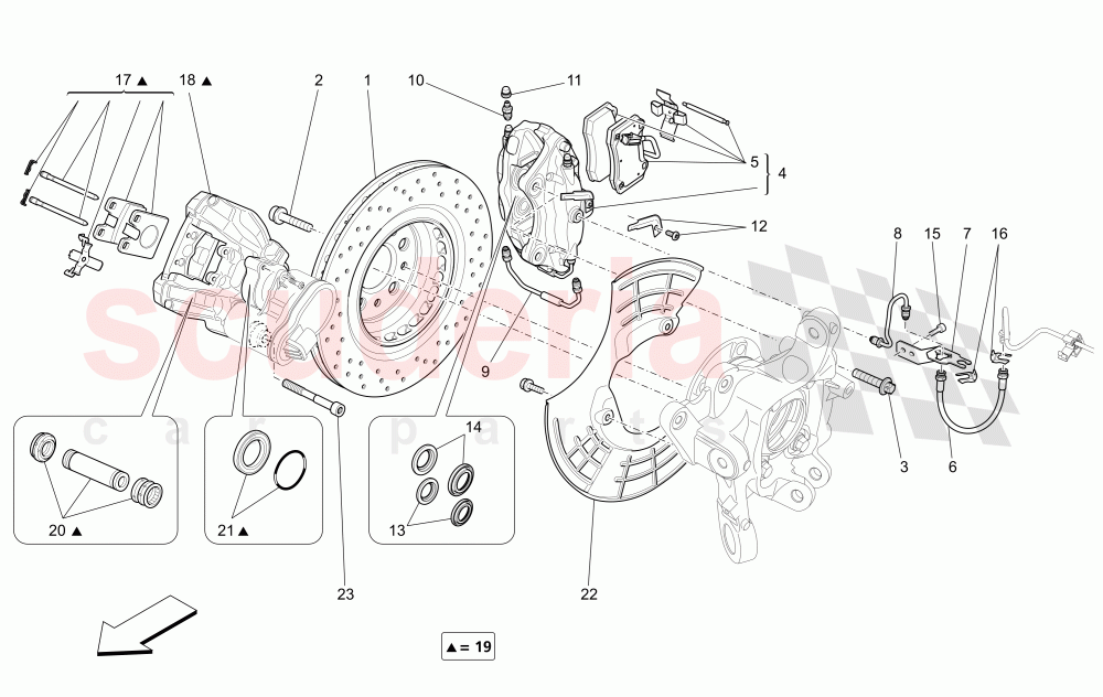 BRAKING DEVICES ON REAR WHEELS (Available with: DUAL CAST BRAKING SYSTEM (FRONT - 360 MM) CAST-IRON (REAR - 345 MM)Not available with: Dual Cast Braking System (Front - 345 mm) ; (Rear - 330 mm) - Coloured brake calipers) of Maserati Maserati Quattroporte (2017+) Diesel