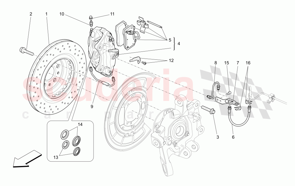 BRAKING DEVICES ON REAR WHEELS (Available with: DUAL CAST BRAKING SYSTEM (FRONT - 360 MM) CAST-IRON (REAR - 345 MM)Not available with: Dual Cast Braking System (Front - 345 mm) ; (Rear - 330 mm) - Coloured brake calipers) of Maserati Maserati Quattroporte (2013-2016) S V6 410bhp