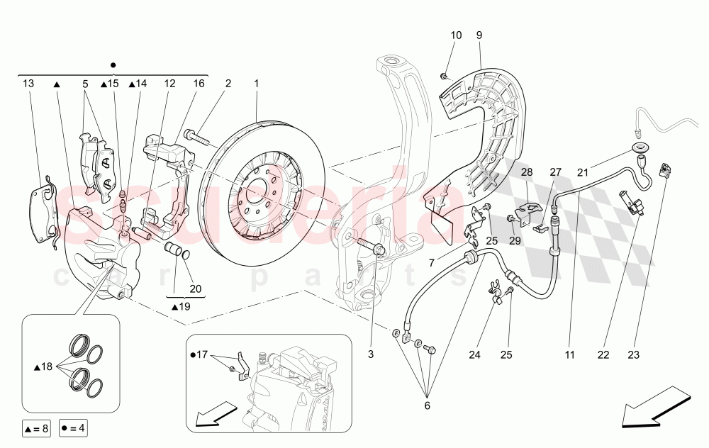 BRAKING DEVICES ON FRONT WHEELS (Available with: Dual Cast Braking System (Front - 345 mm) ; (Rear - 330 mm) - Coloured brake calipersNot available with: DUAL CAST BRAKING SYSTEM) of Maserati Maserati Levante (2017+)