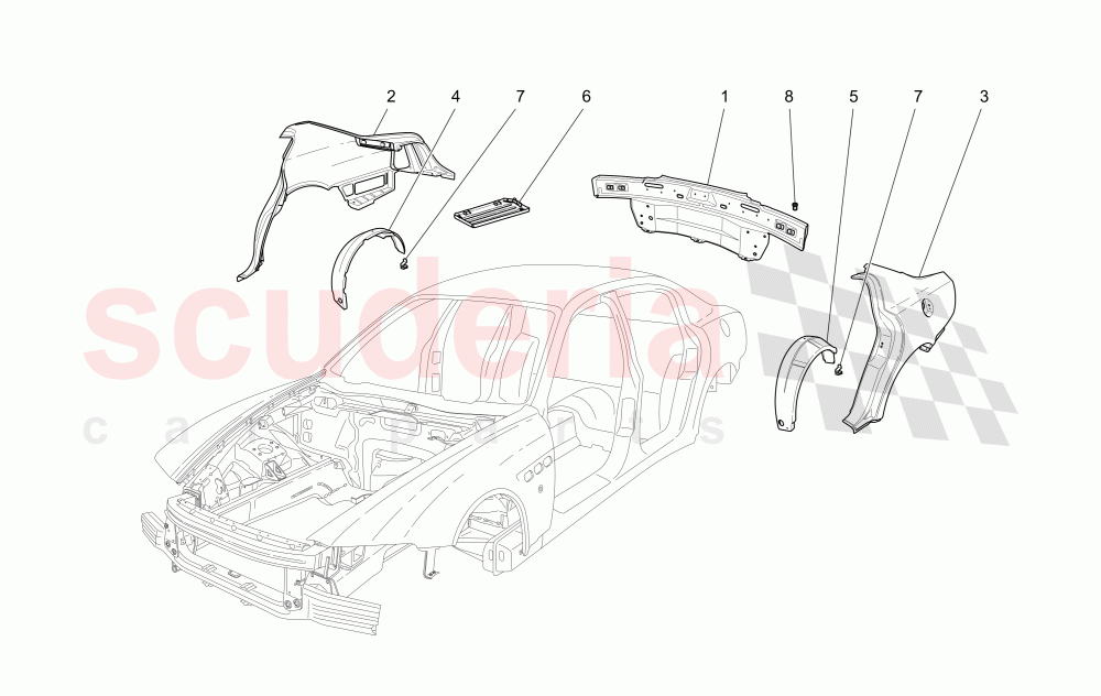 BODYWORK AND REAR OUTER TRIM PANELS of Maserati Maserati Quattroporte (2003-2007) Auto