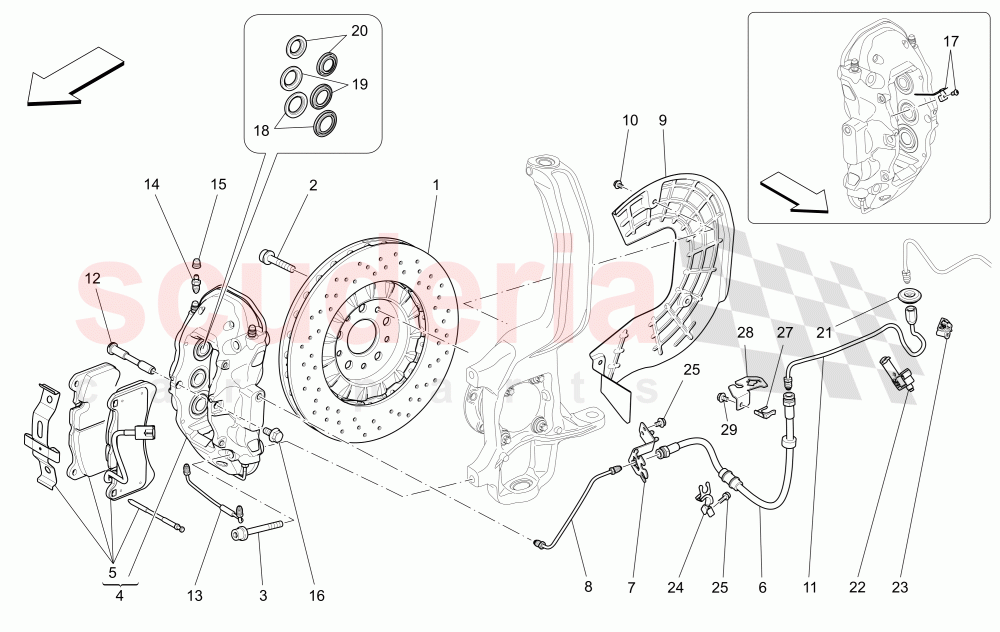 BRAKING DEVICES ON FRONT WHEELS (Available with: DUAL CAST BRAKING SYSTEMNot available with: Dual Cast Braking System (Front - 345 mm) ; (Rear - 330 mm) - Coloured brake calipers) of Maserati Maserati Levante (2017+) S