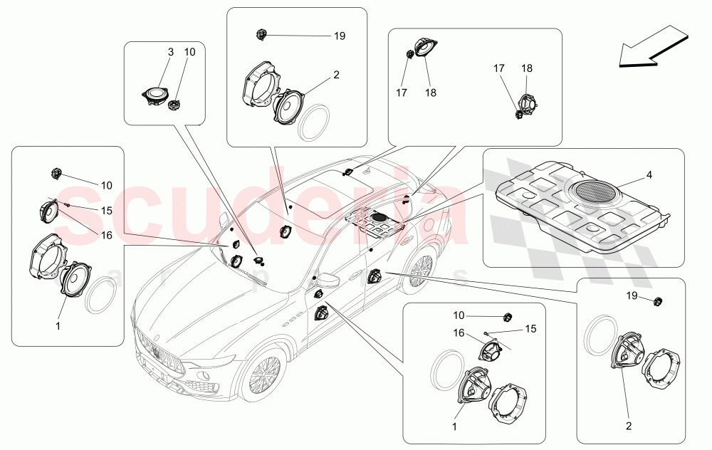 SOUND DIFFUSION SYSTEM (Available with: HIGH PREMIUM SOUND SYSTEMNot available with: BASIC SOUND SYSTEM (8 SPEAKERS), PREMIUM SOUND SYSTEM) of Maserati Maserati Levante (2017+)