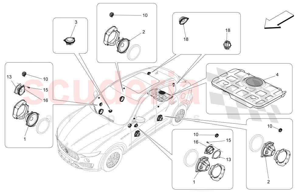 SOUND DIFFUSION SYSTEM (Available with: PREMIUM SOUND SYSTEMNot available with: BASIC SOUND SYSTEM (8 SPEAKERS), HIGH PREMIUM SOUND SYSTEM) of Maserati Maserati Levante (2017+)