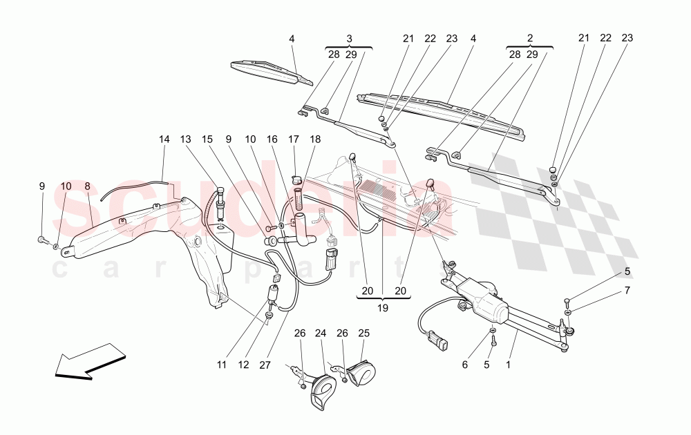 WINDSCREEN WIPER, WINDSCREEN WASHER AND HORNS (Available with: "Spyder 90th Anniversary" Version) of Maserati Maserati 4200 Spyder (2005-2007) CC