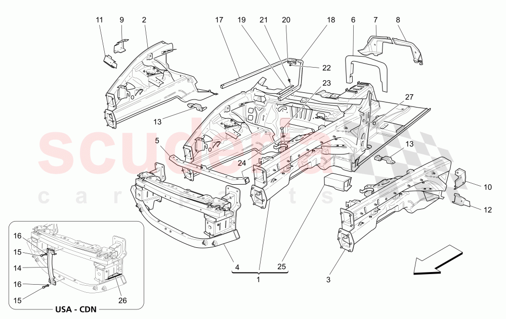 FRONT STRUCTURAL FRAMES AND SHEET PANELS of Maserati Maserati GranCabrio (2011-2012) Sport