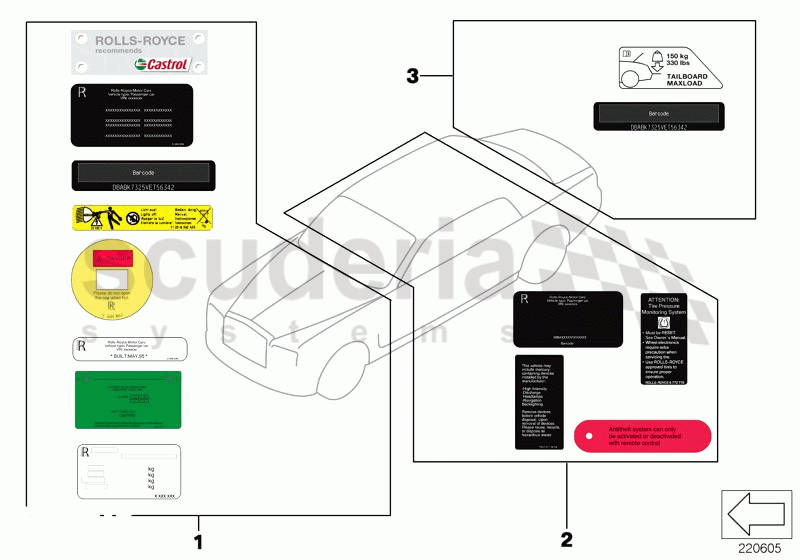 Assorted information plates of Rolls Royce Rolls Royce Phantom Extended Wheelbase